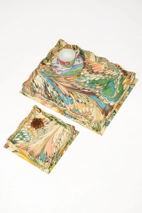 PRE-ORDER Scalloped Hand-Marbled Tray Flatiron Feathers