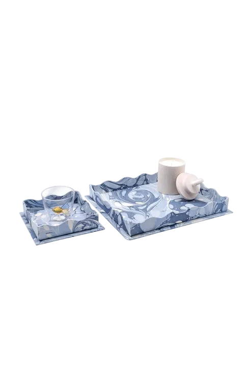 Scalloped Hand-Marbled Tray in Blue
