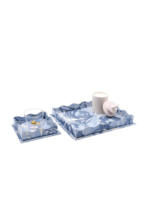 Scalloped Hand-Marbled Tray in Blue