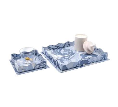Scalloped Hand-Marbled Tray in Blue