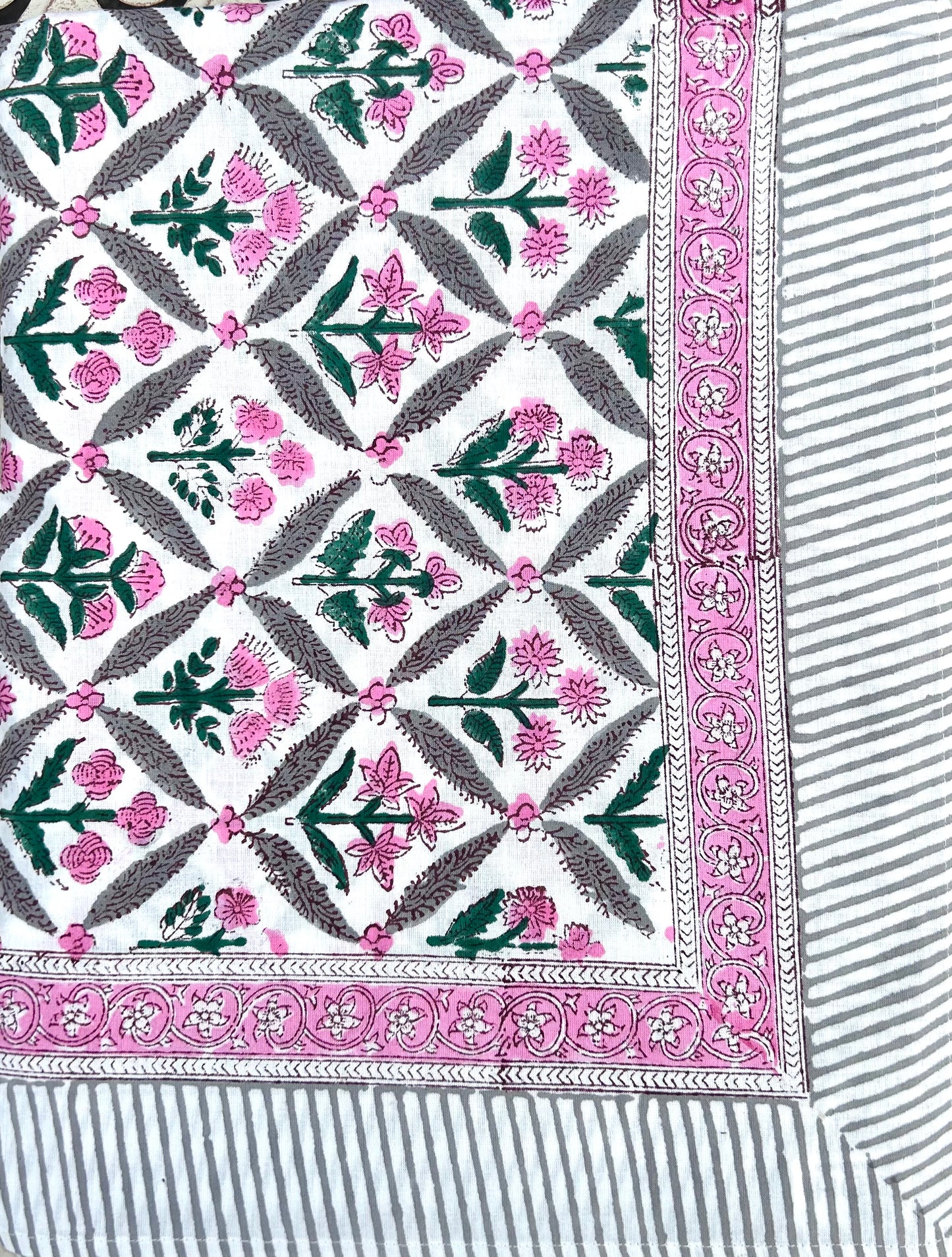 Pink and White Indian Hand Block Tablecloth