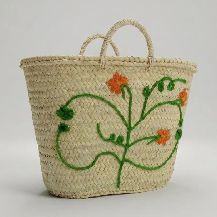 Woven Straw Basket with Embroidered Orange Leaf