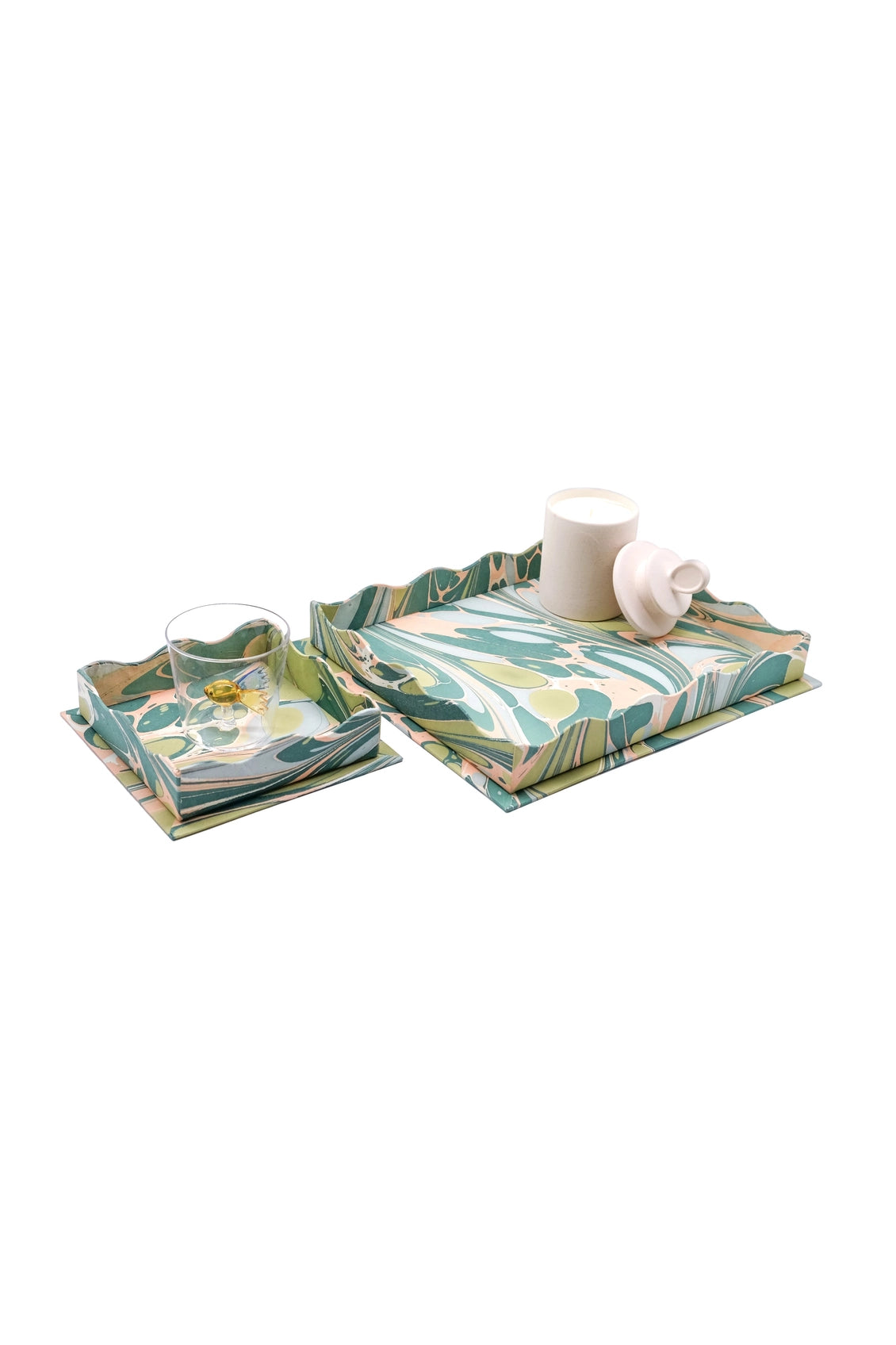 Scalloped Hand-Marbled Tray in Green
