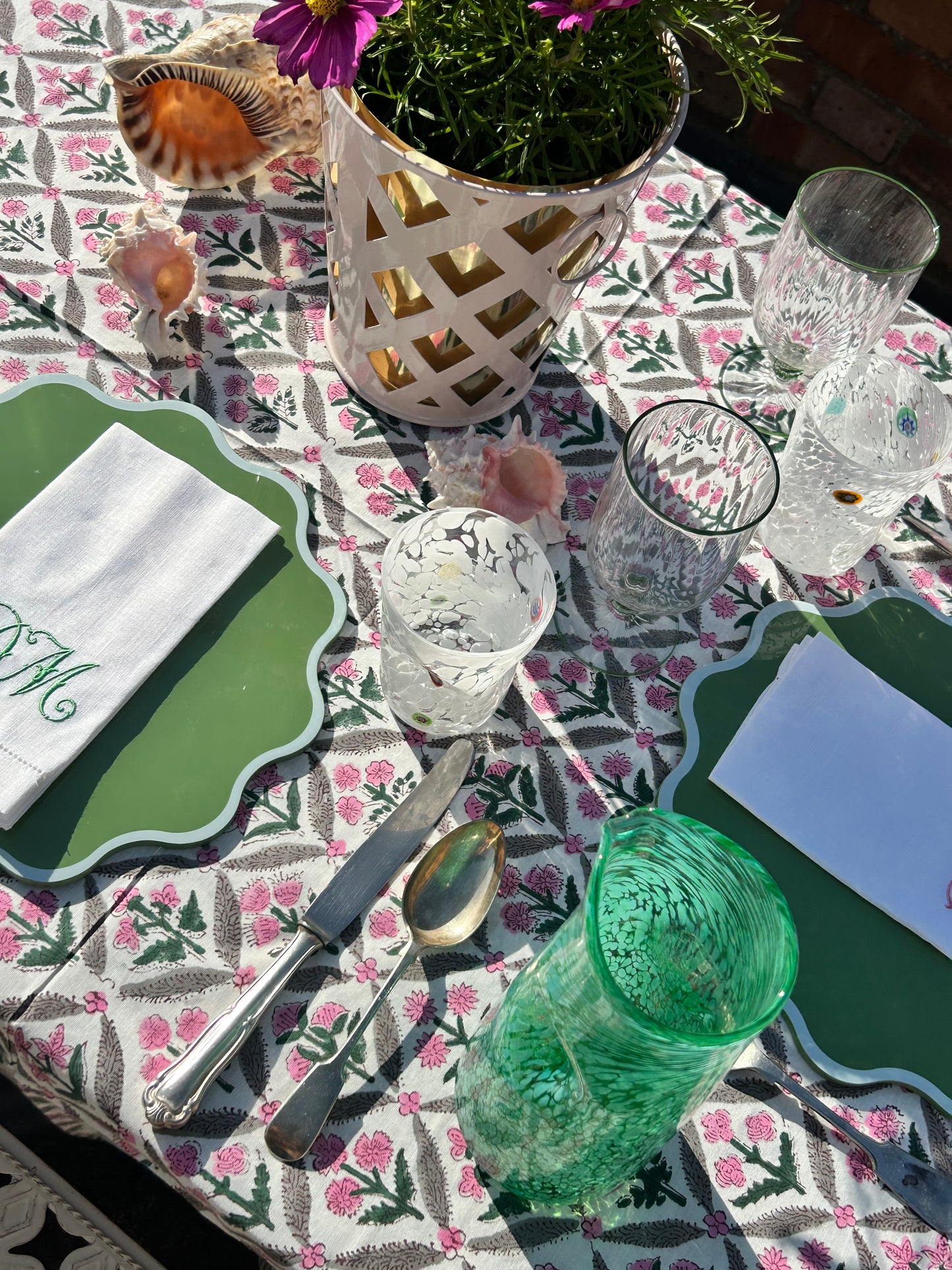 Pink and White Indian Hand Block Tablecloth