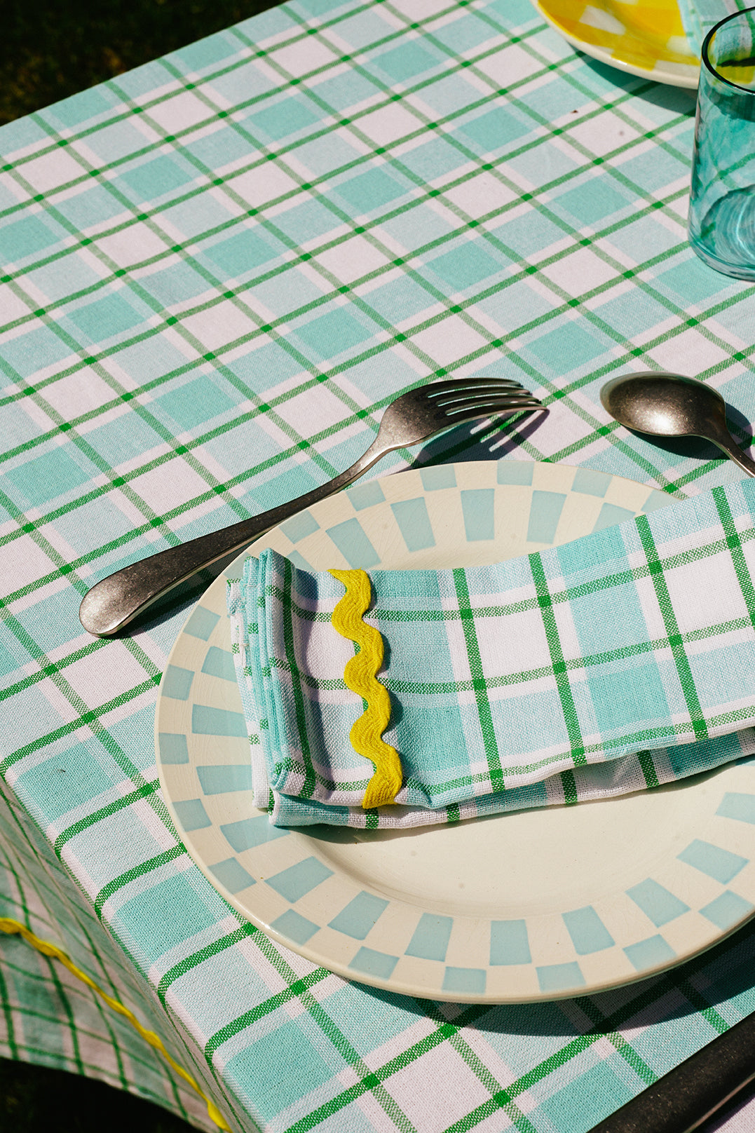 A Pair of Aqua and Yellow Napkins