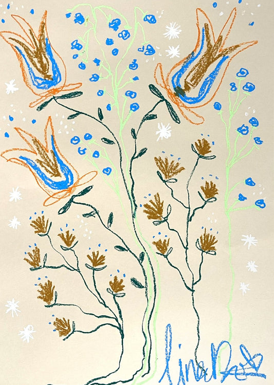 Cina Rosen, 'Whimsical florals in orange and bright blue' 2024