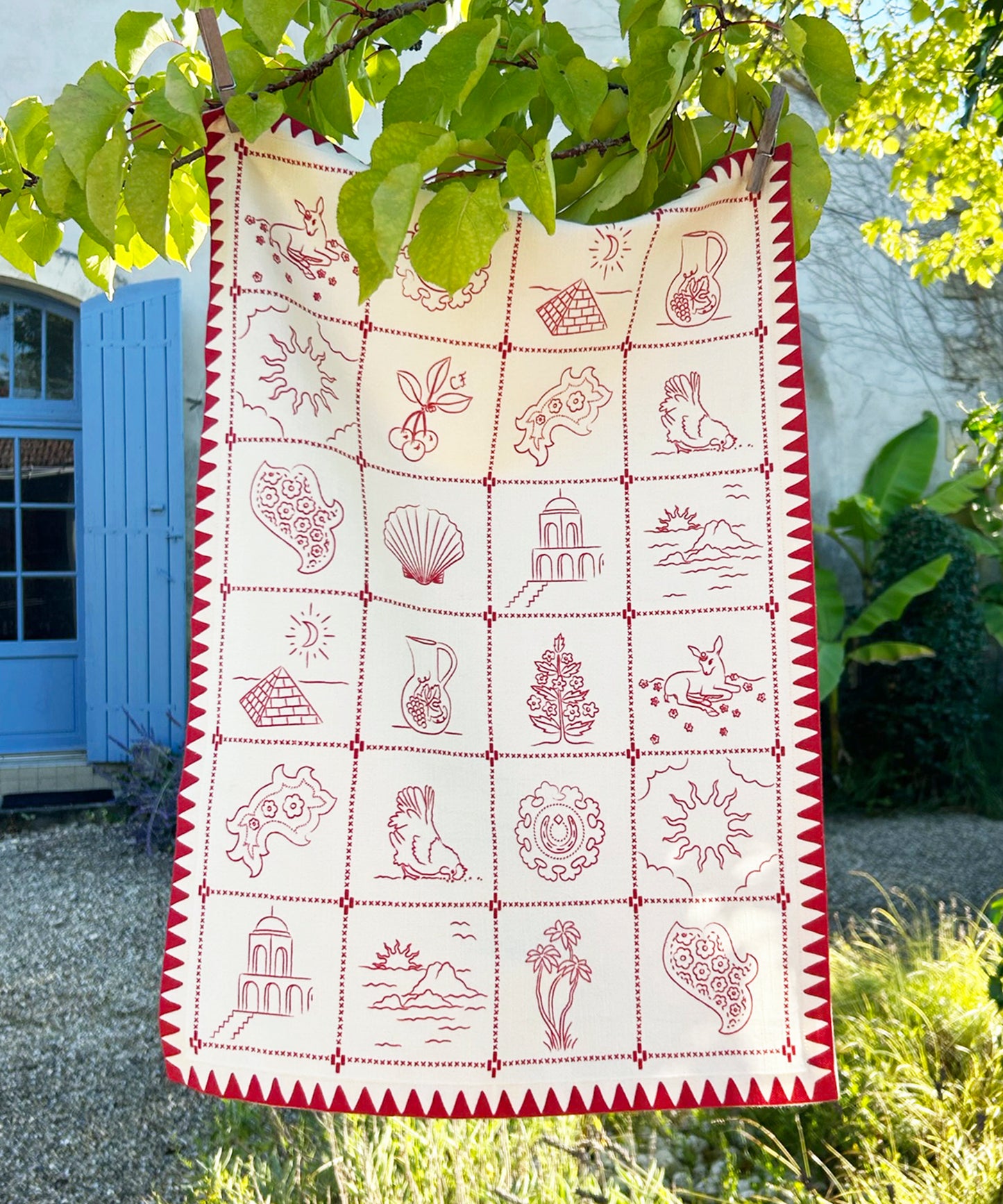 Cherry Flips, 'Redwork Tea Towel in Red'