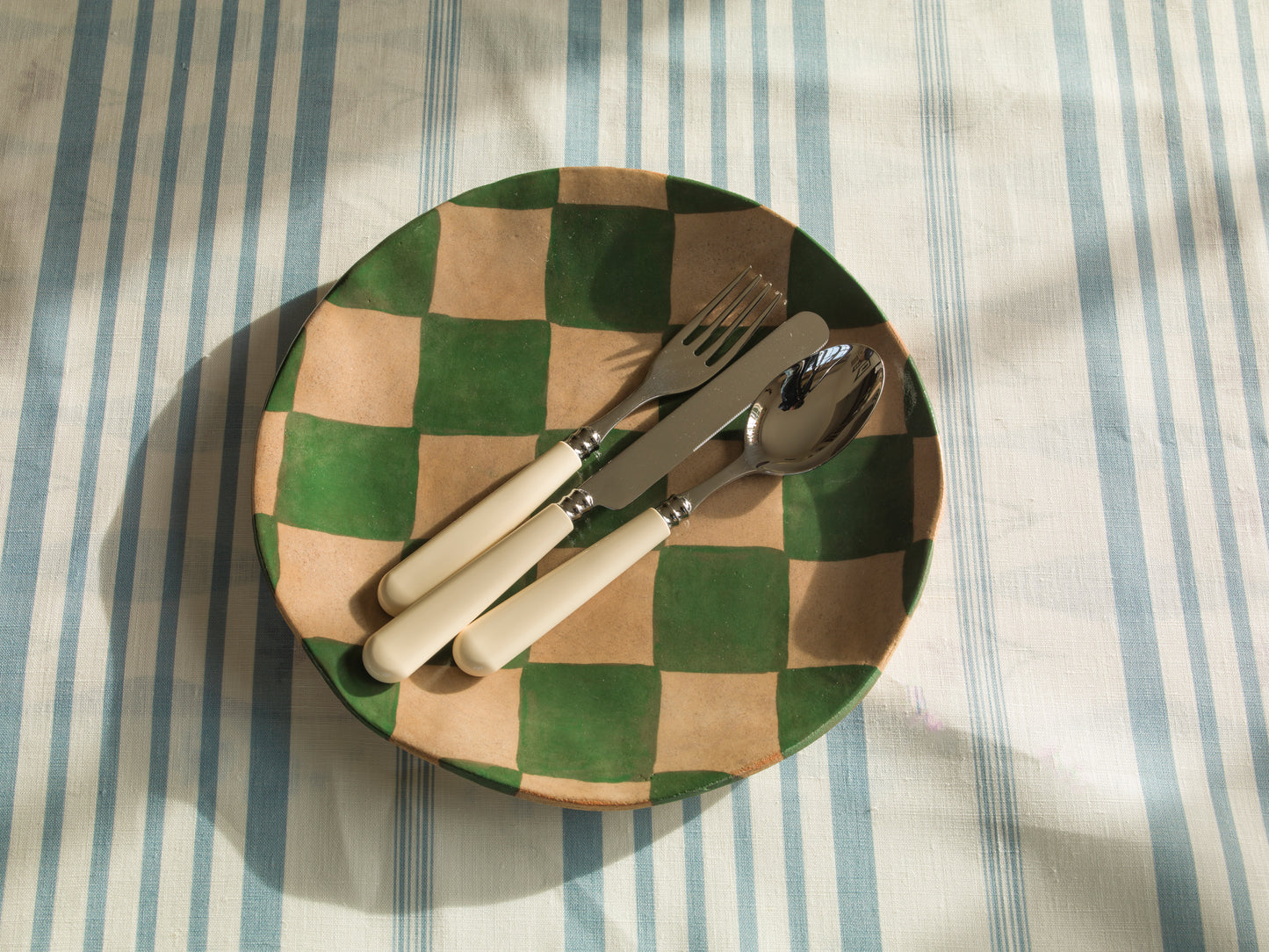 Green Check Round Serving Platter