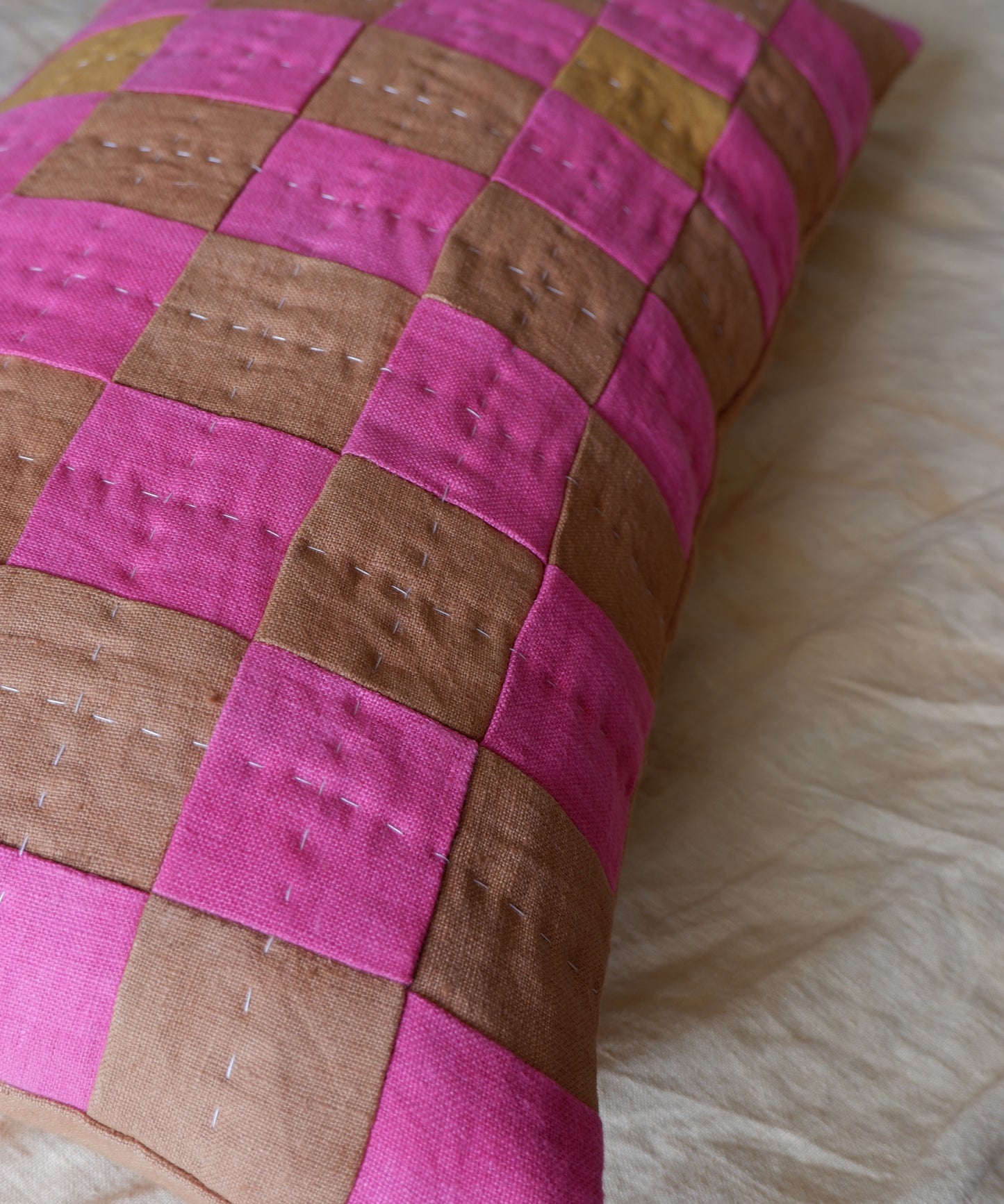 Eldorado, Chequered Cushion in Pink, Brown and Mustard