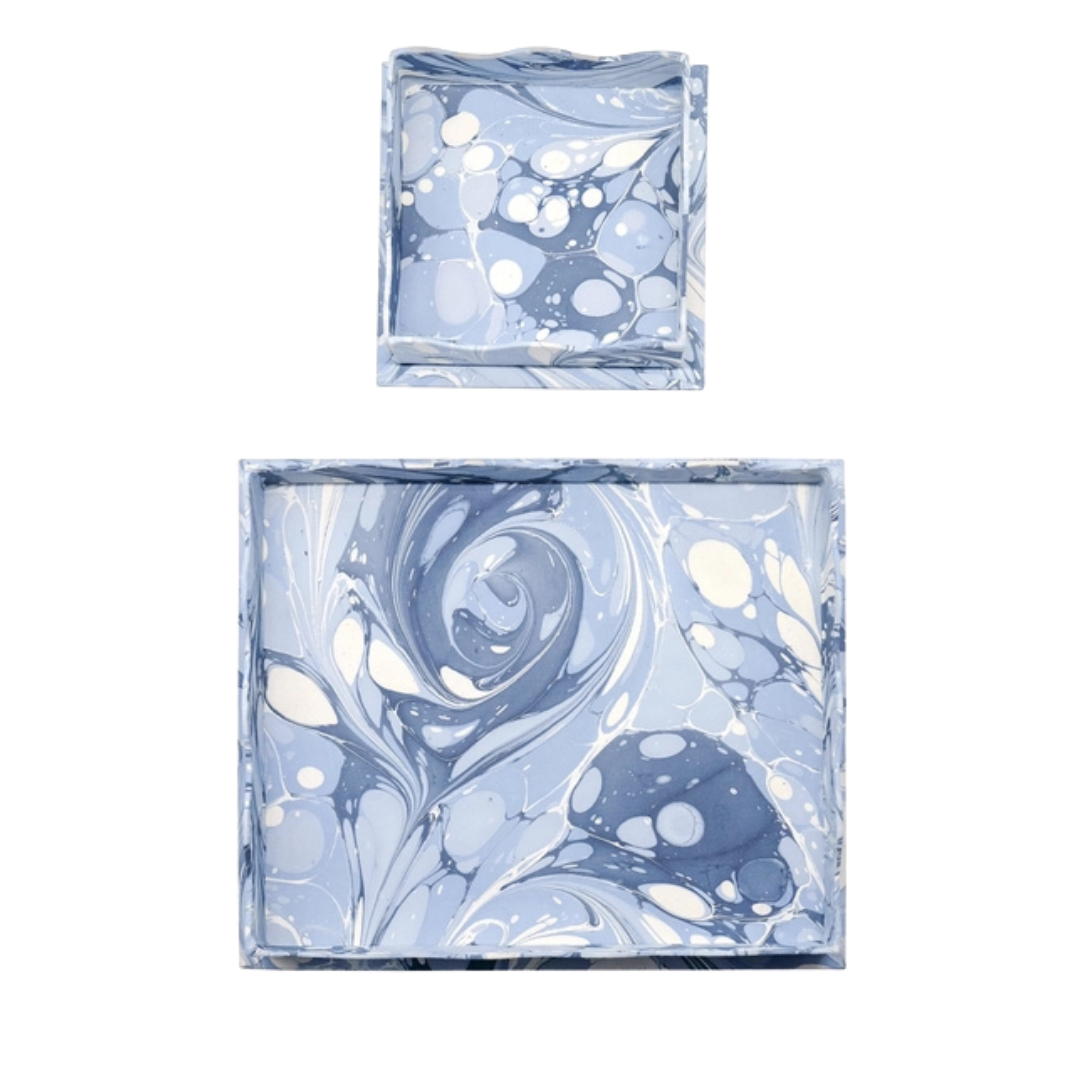 Scalloped Hand-Marbled Tray in Blue