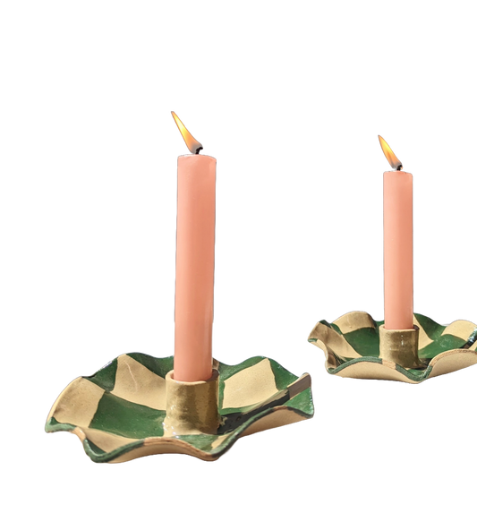 Rosie Gore, Green Checked Scalloped Pair of Candle Holders