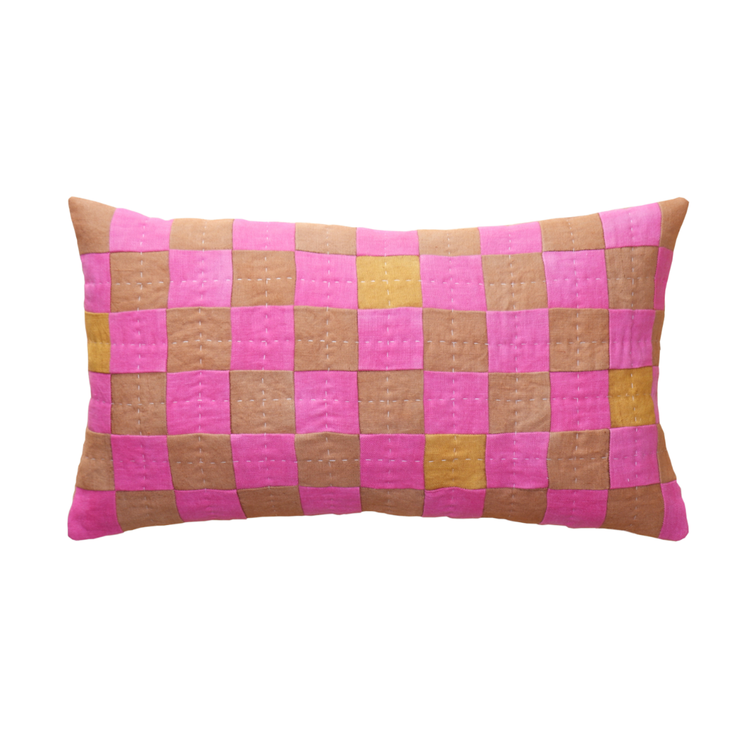 Eldorado, Chequered Cushion in Pink, Brown and Mustard