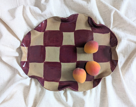 Rosie Gore, Burgundy Wavy Oval Check Serving Platter