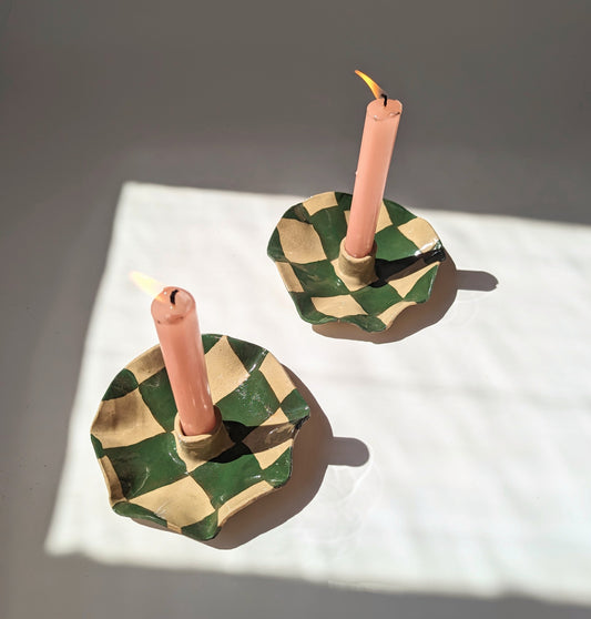 Rosie Gore, Green Checked Scalloped Pair of Candle Holders