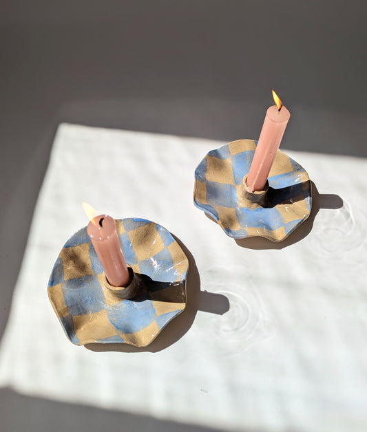 Rosie Gore, Blue Checked Scalloped Pair of Candle Holders