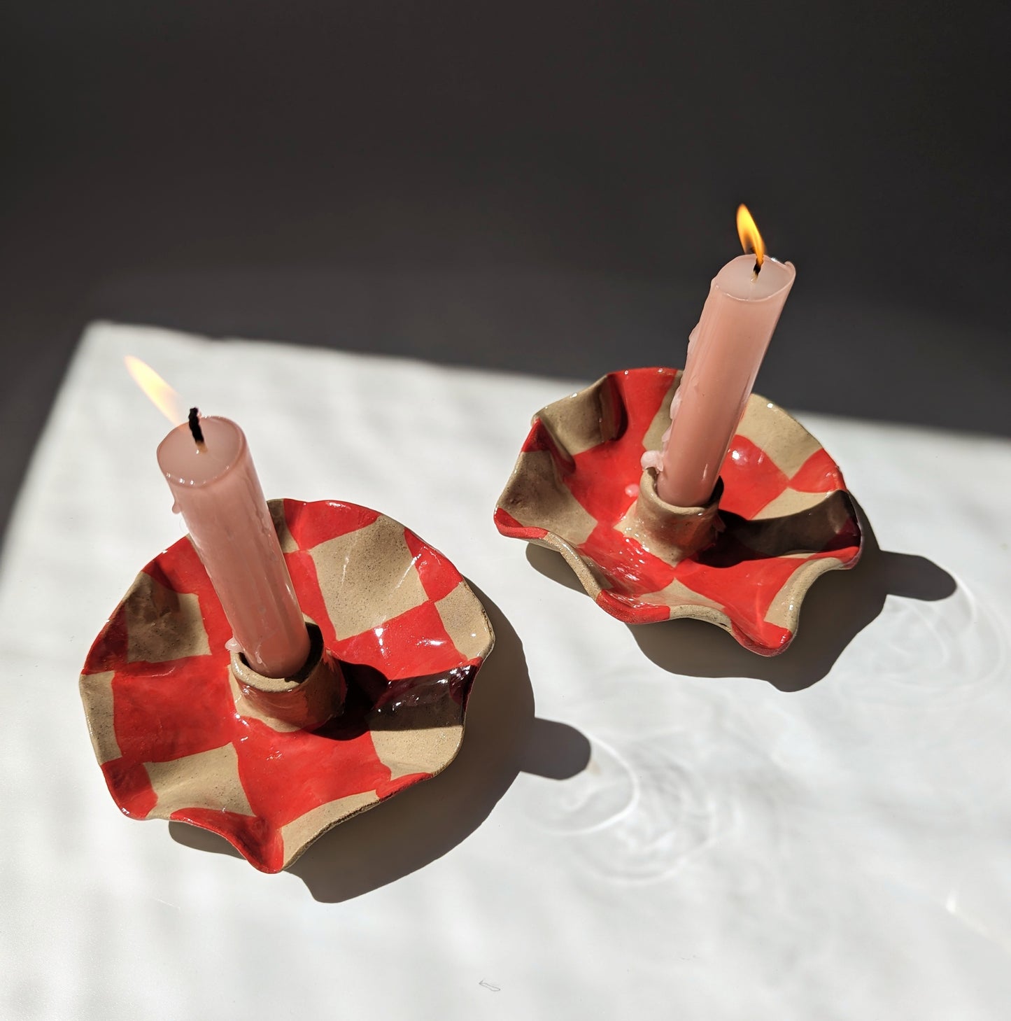 Rosie Gore, Red Checked Scalloped Pair of Candle Holders