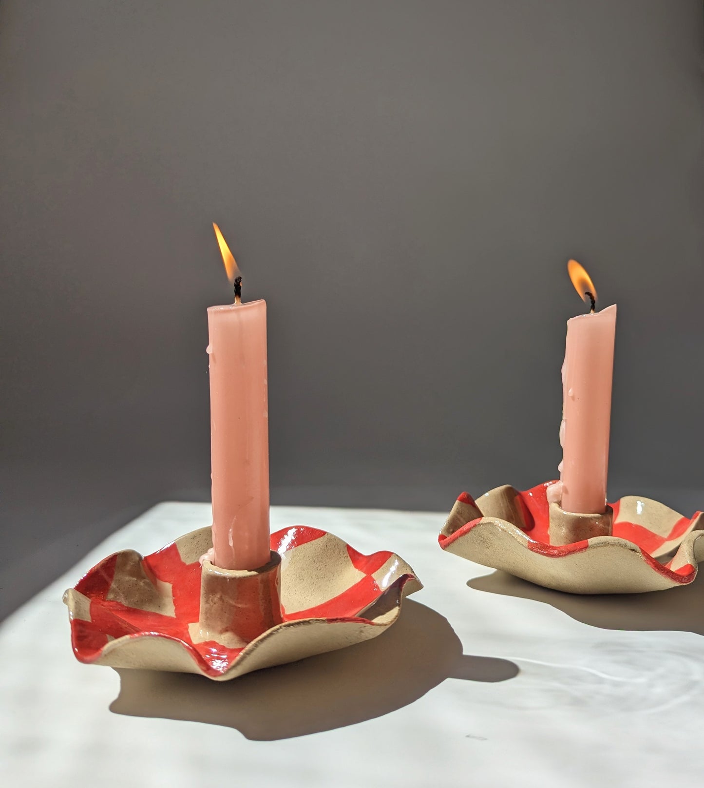 Rosie Gore, Red Checked Scalloped Pair of Candle Holders