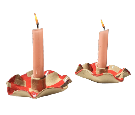 Rosie Gore, Red Checked Scalloped Pair of Candle Holders