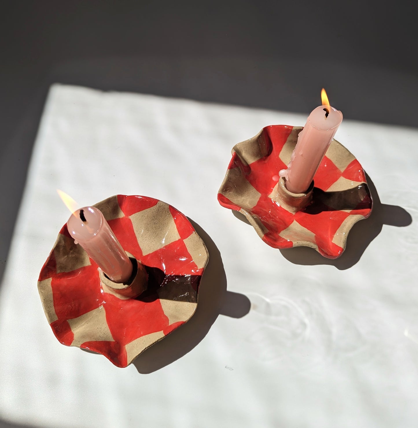 Rosie Gore, Red Checked Scalloped Pair of Candle Holders