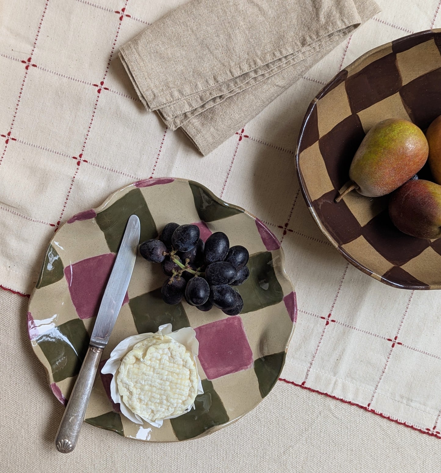 Rosie Gore, Smokey Olive & Burgundy Wavy Check Platter