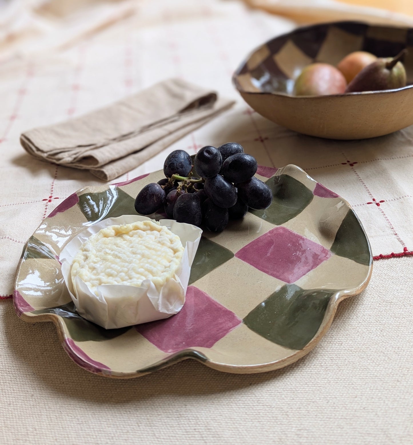 Rosie Gore, Smokey Olive & Burgundy Wavy Check Platter