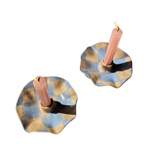 Rosie Gore, Blue Checked Scalloped Pair of Candle Holders