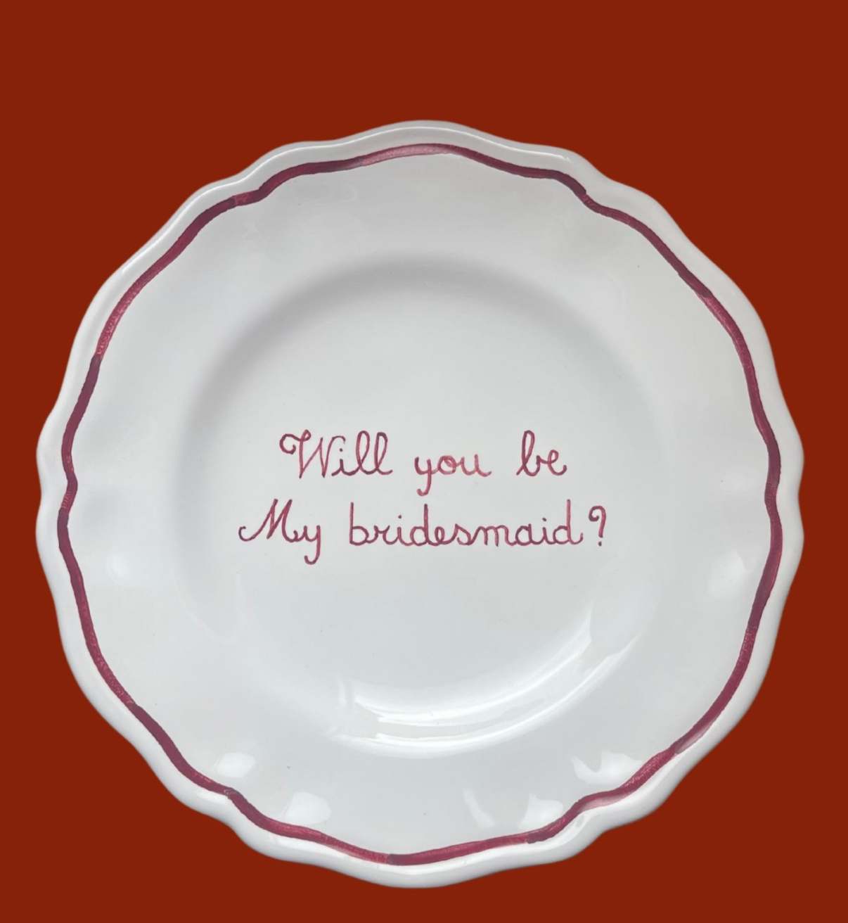 Sveva's Home Ceramic "Will You Be My Bridesmaid" Scalloped Plate Set in Red