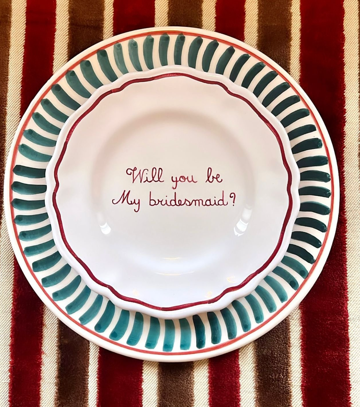 Sveva's Home Ceramic "Will You Be My Bridesmaid" Scalloped Plate Set in Red