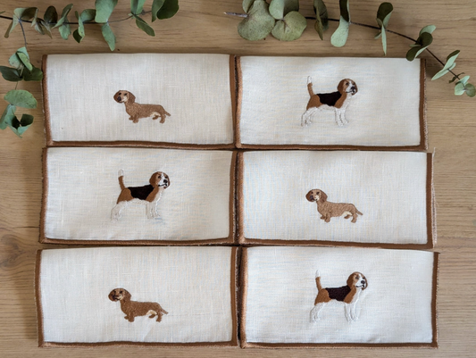 Petit Menage, Linen Puppy Cocktail Napkin, Set of Six