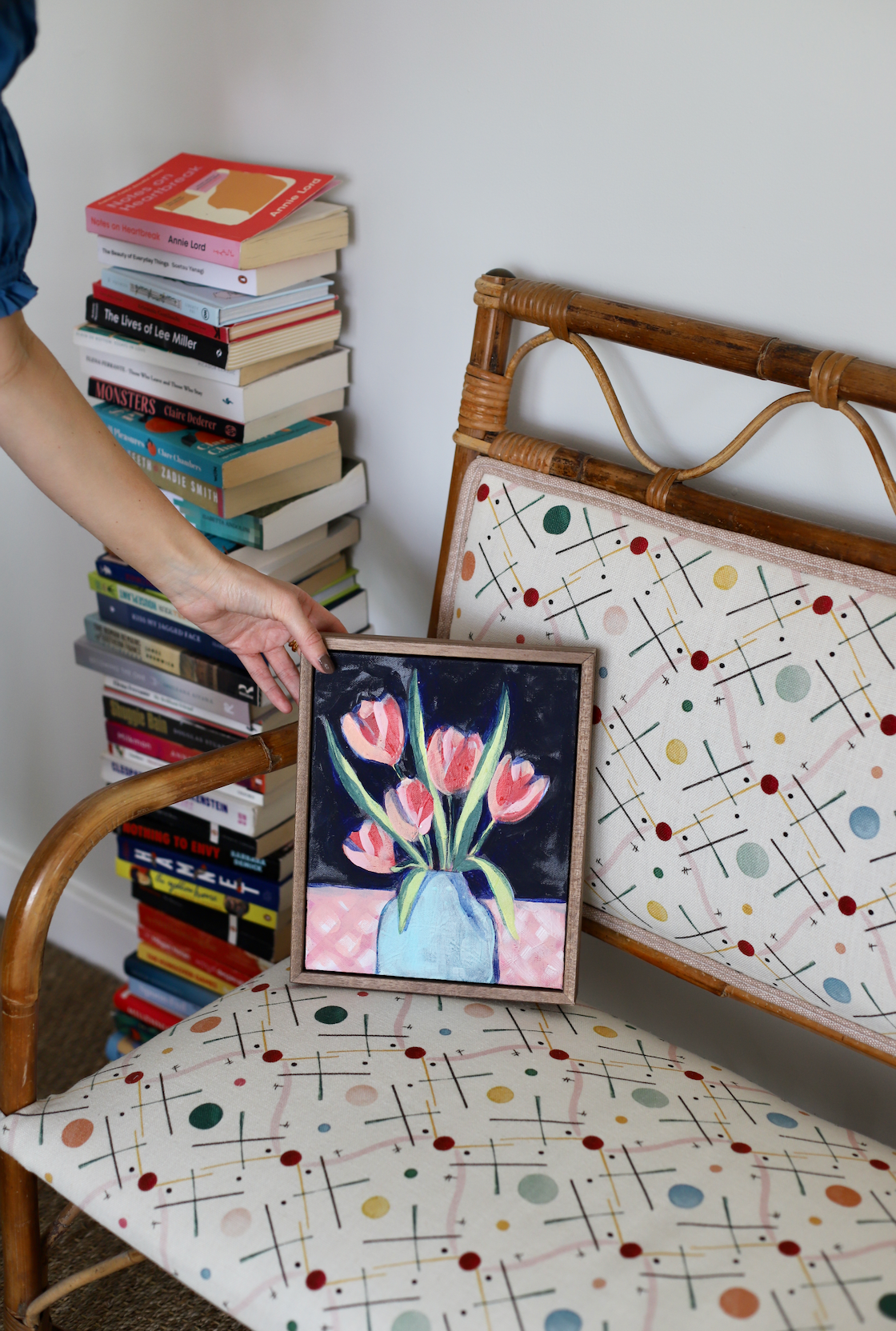 Sian Beck, 'Red tulips in vase on gingham' 2025