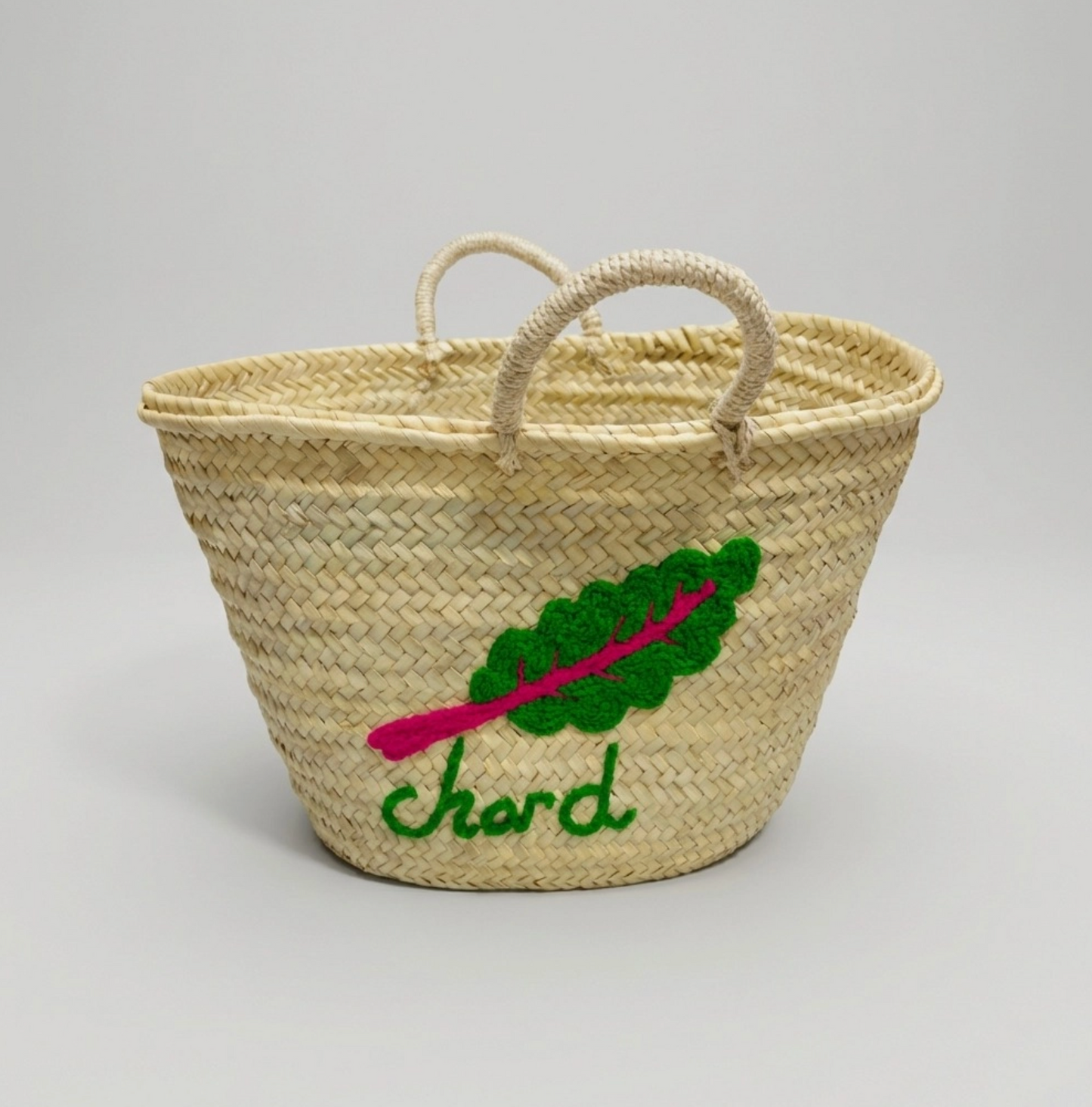 Woven Straw Basket with Embroidered Chard Motif