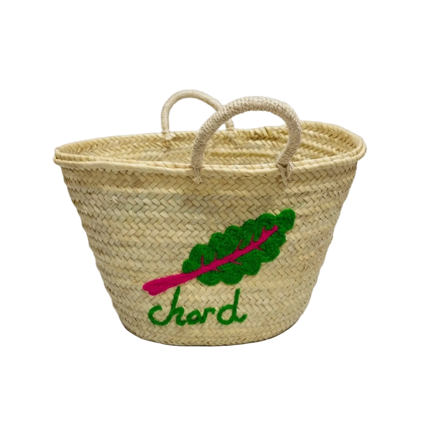 Woven Straw Basket with Embroidered Chard Motif