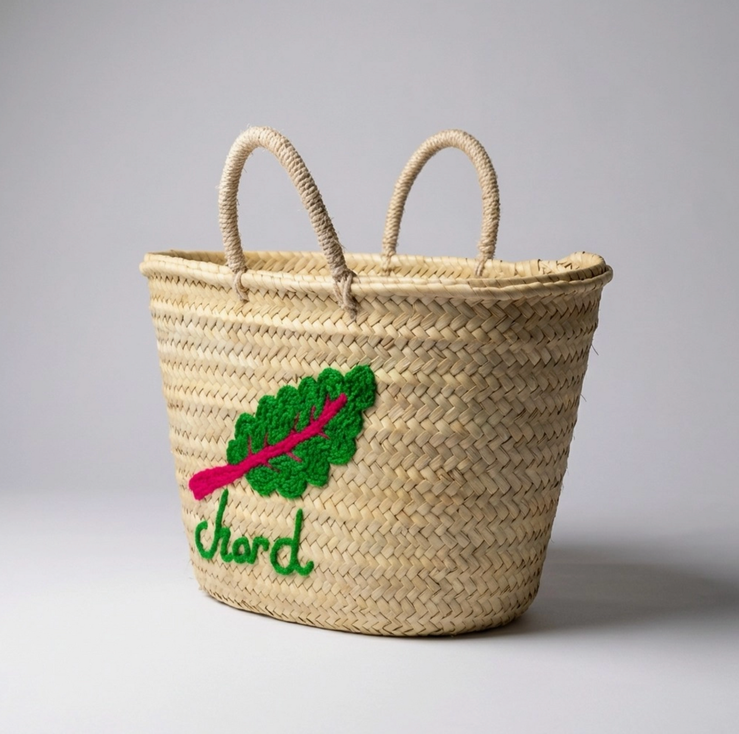 Woven Straw Basket with Embroidered Chard Motif