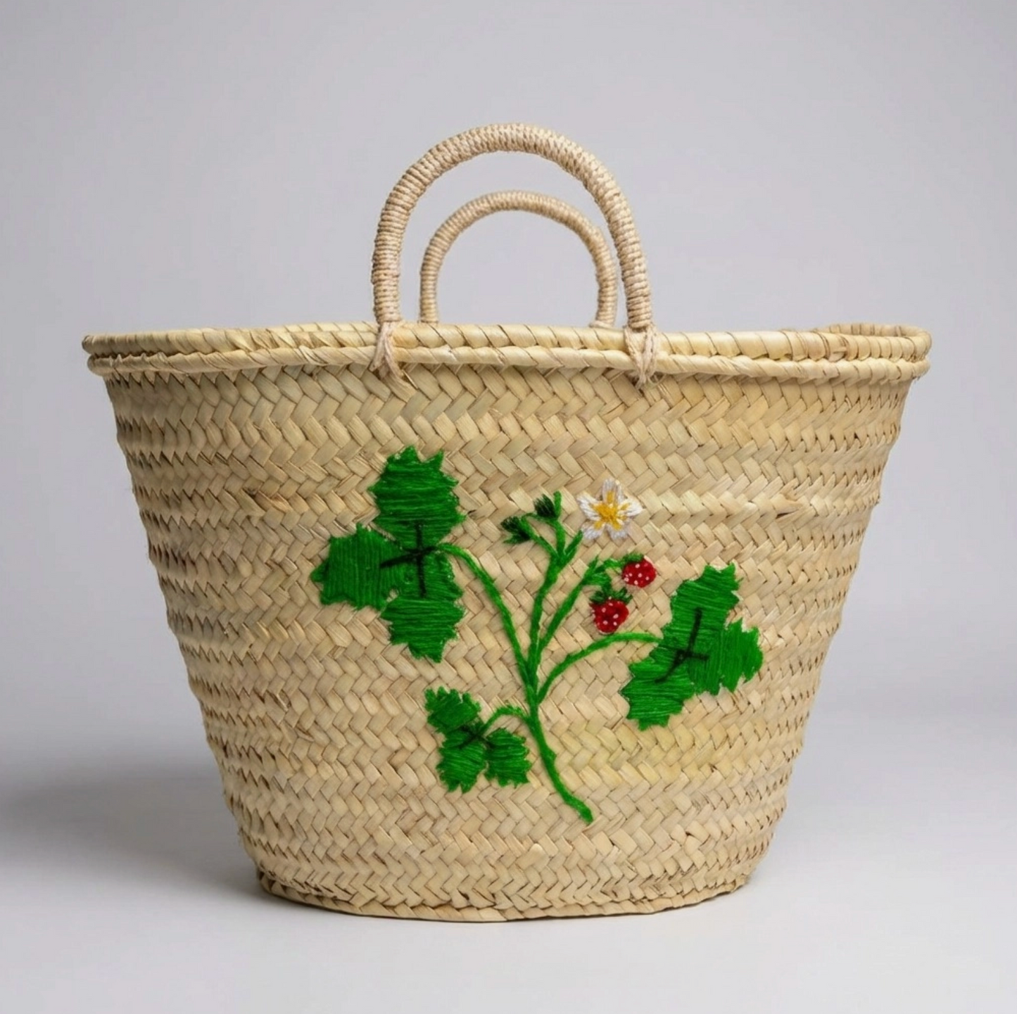 Woven Straw Basket with Embroidered Strawberry Leaf