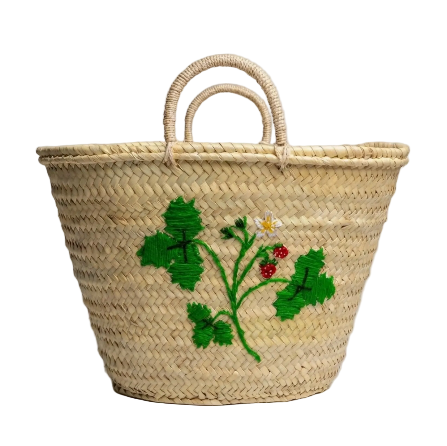 Woven Straw Basket with Embroidered Strawberry Leaf