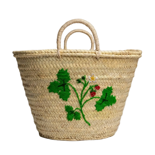 Woven Straw Basket with Embroidered Strawberry Leaf