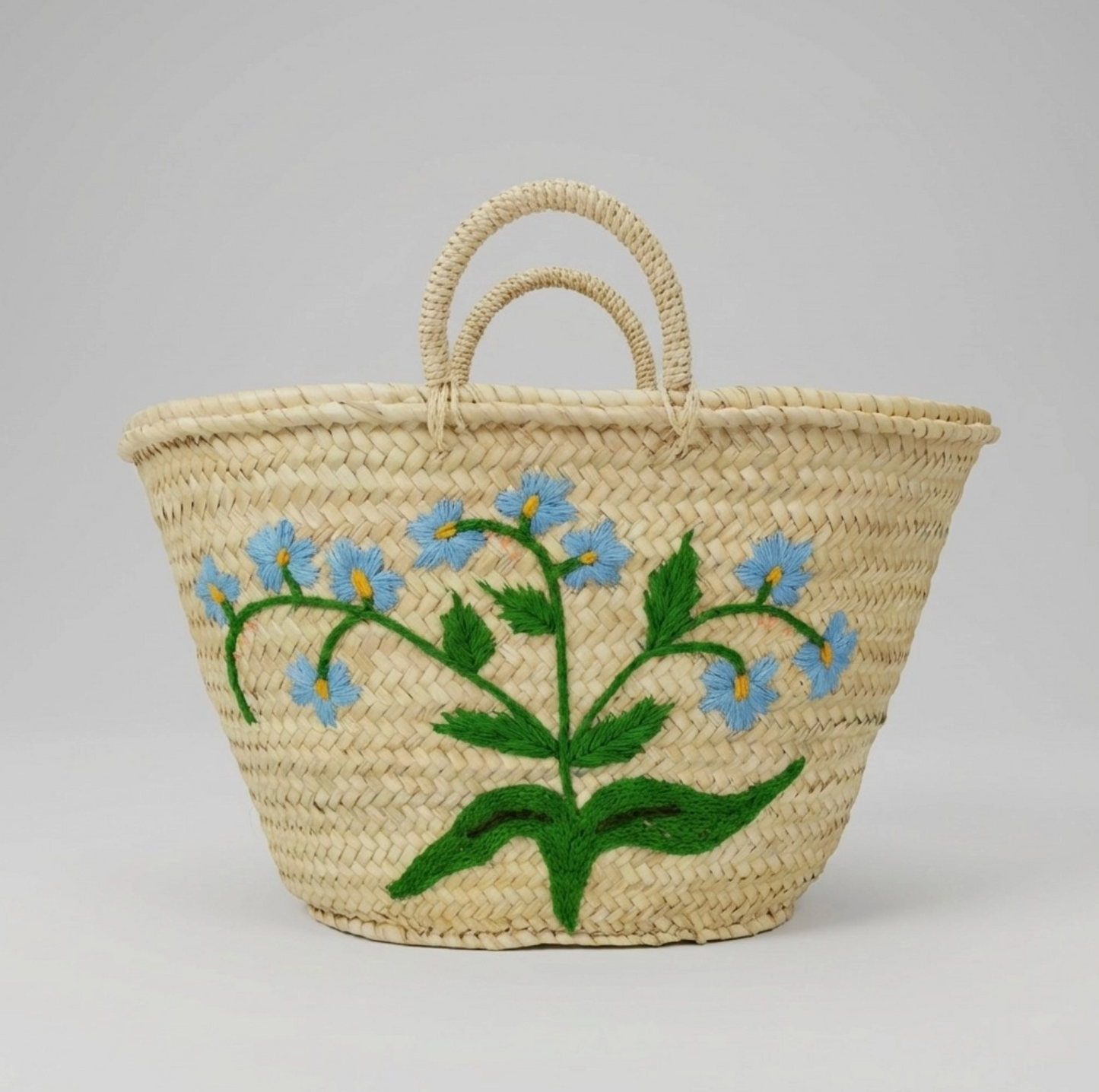 Woven Straw Basket with Embroidered Blue Floral