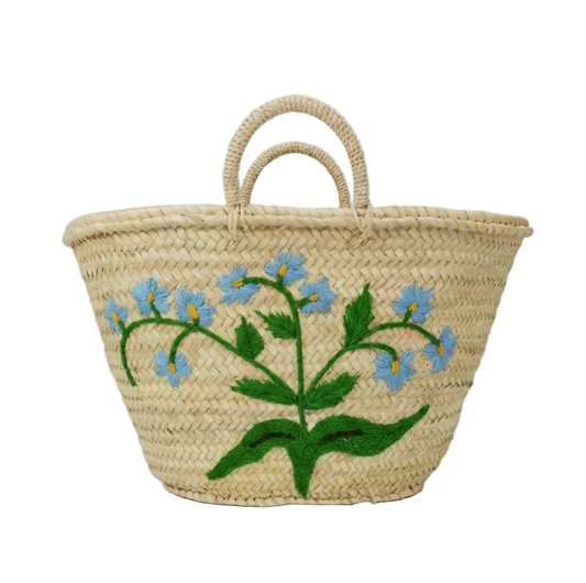 Woven Straw Basket with Embroidered Blue Floral