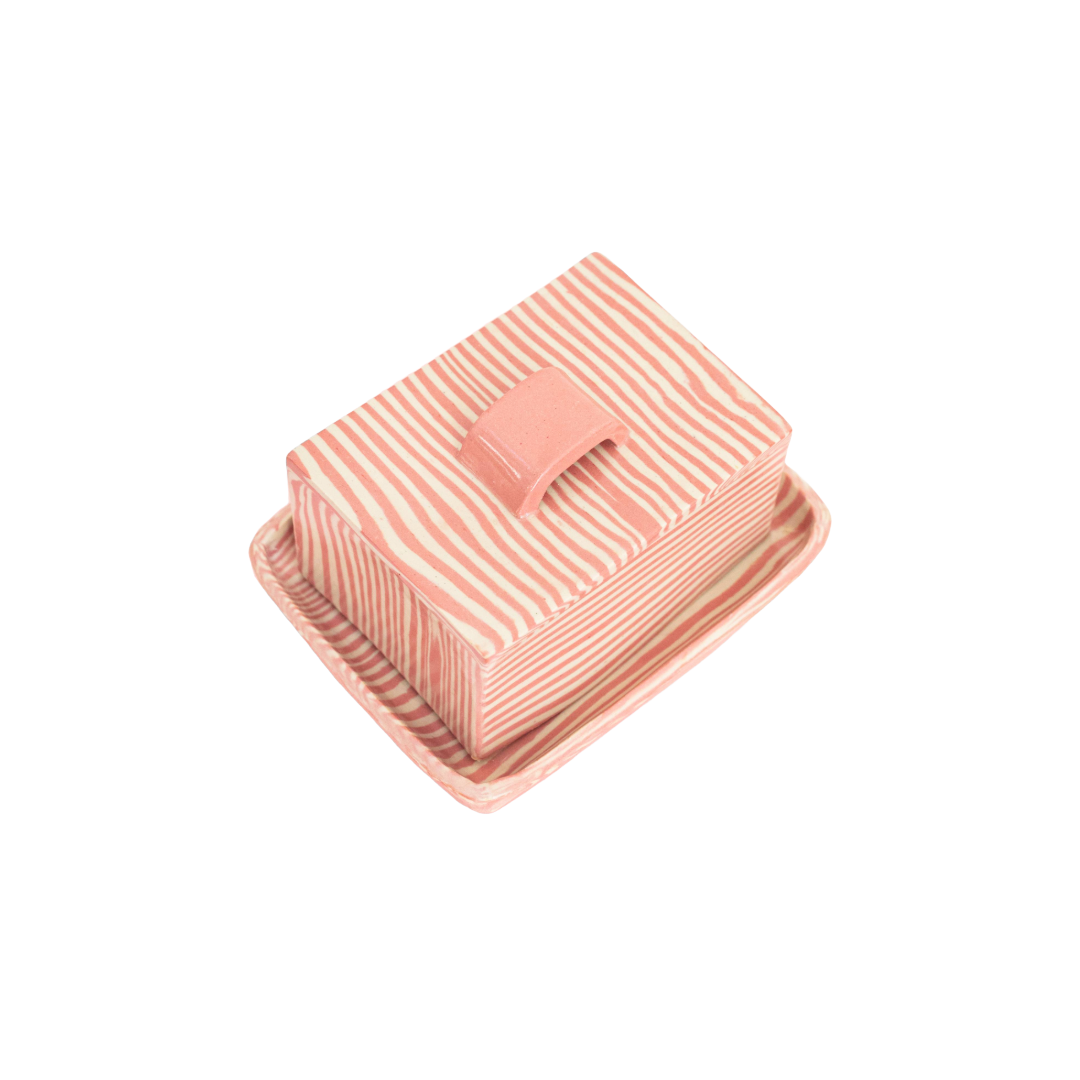 Plop Pottery, Pink Striped Butter Dish