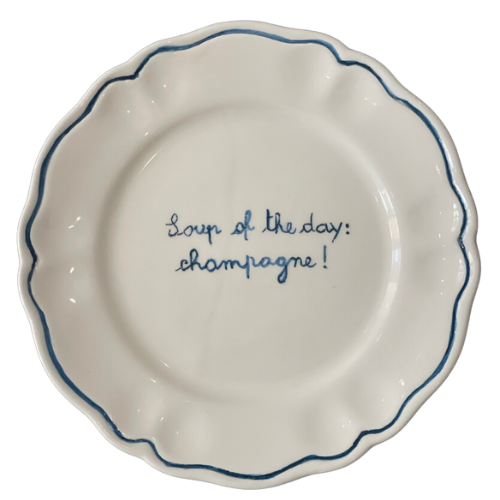 Sveva's Home Ceramic "Soup of the day: Champagne!" Scalloped Plate Set in Blue