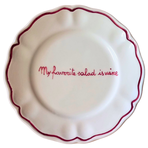 Sveva's Home Ceramic "My Favorite Salad is Wine" Scalloped Plate Set in Red