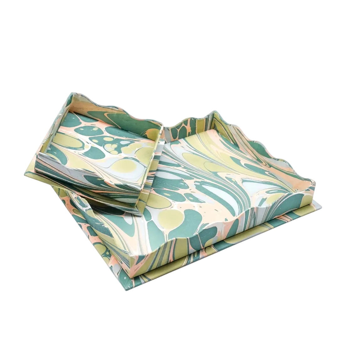 Scalloped Hand-Marbled Tray in Green