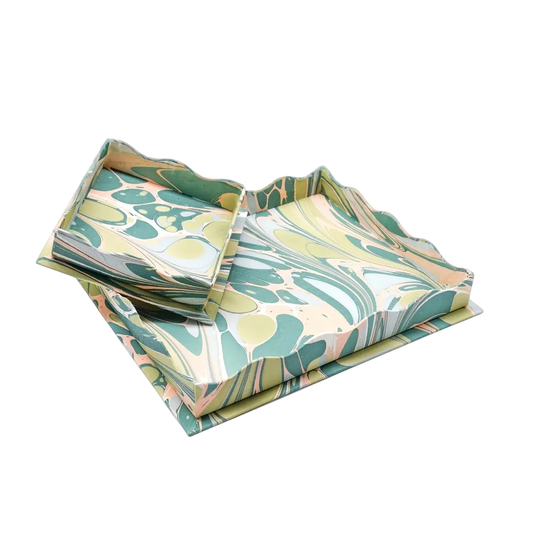 Scalloped Hand-Marbled Tray in Green PRE-ORDER