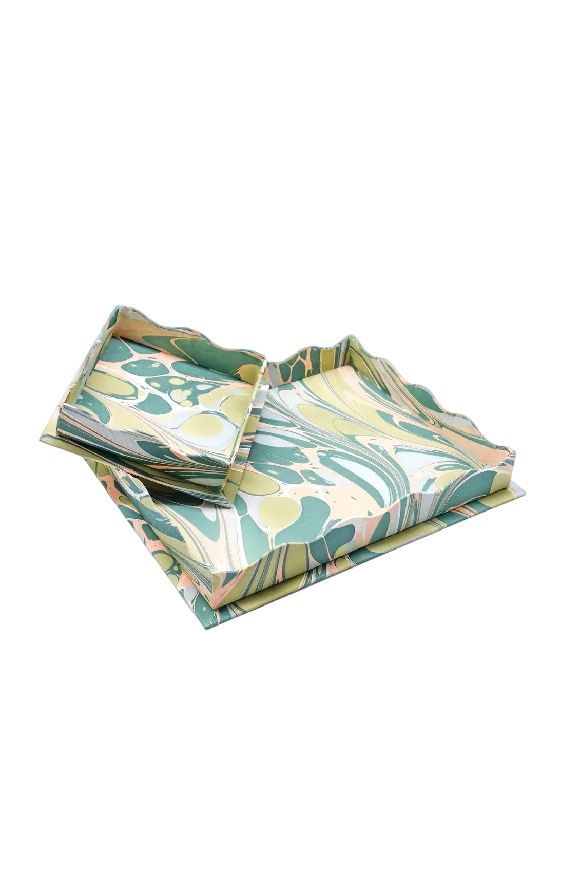 Scalloped Hand-Marbled Tray in Green