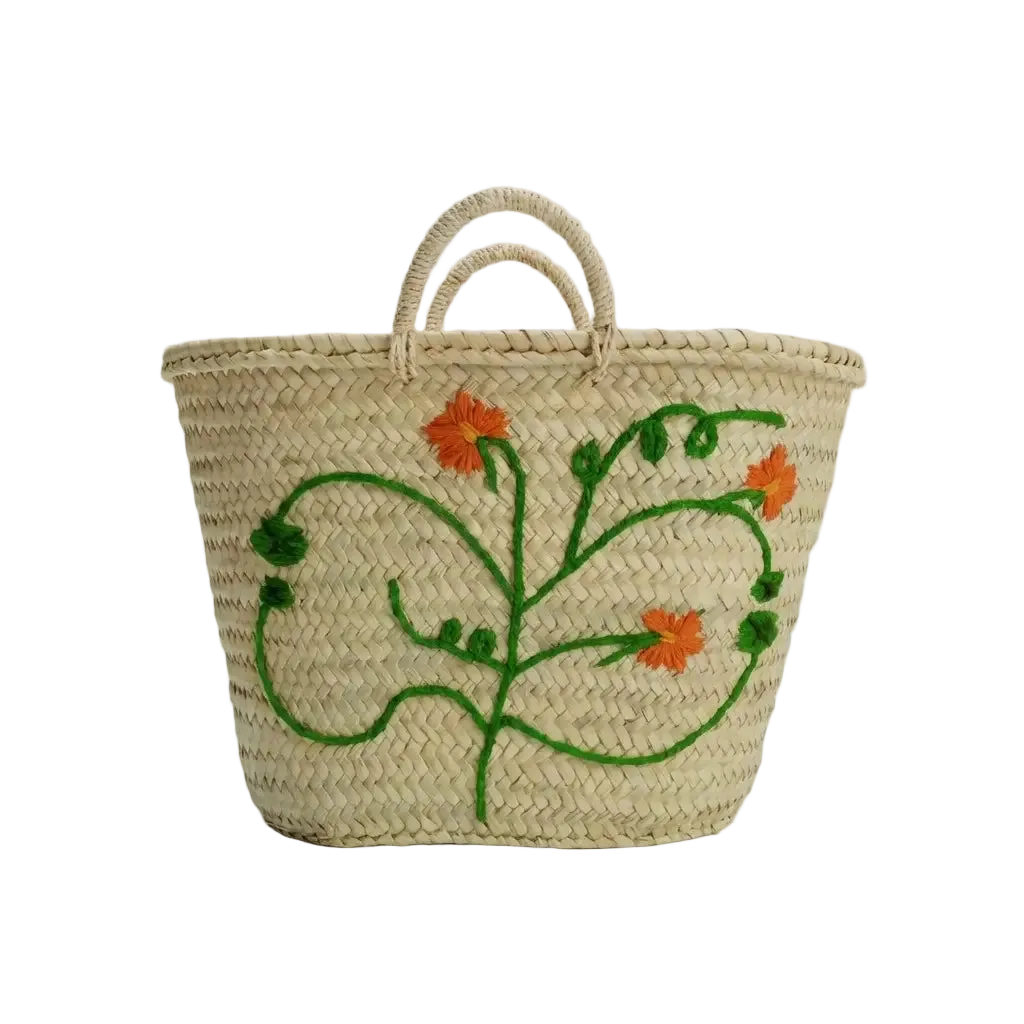 Woven Straw Basket with Embroidered Orange Leaf