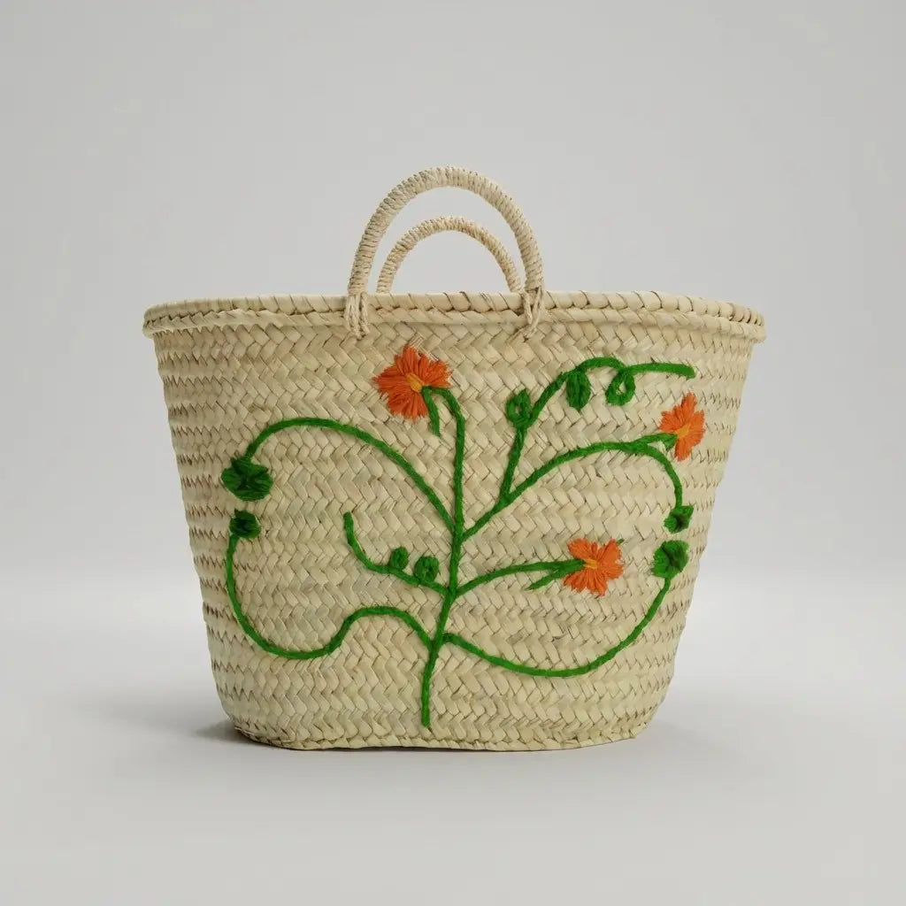 Woven Straw Basket with Embroidered Orange Leaf
