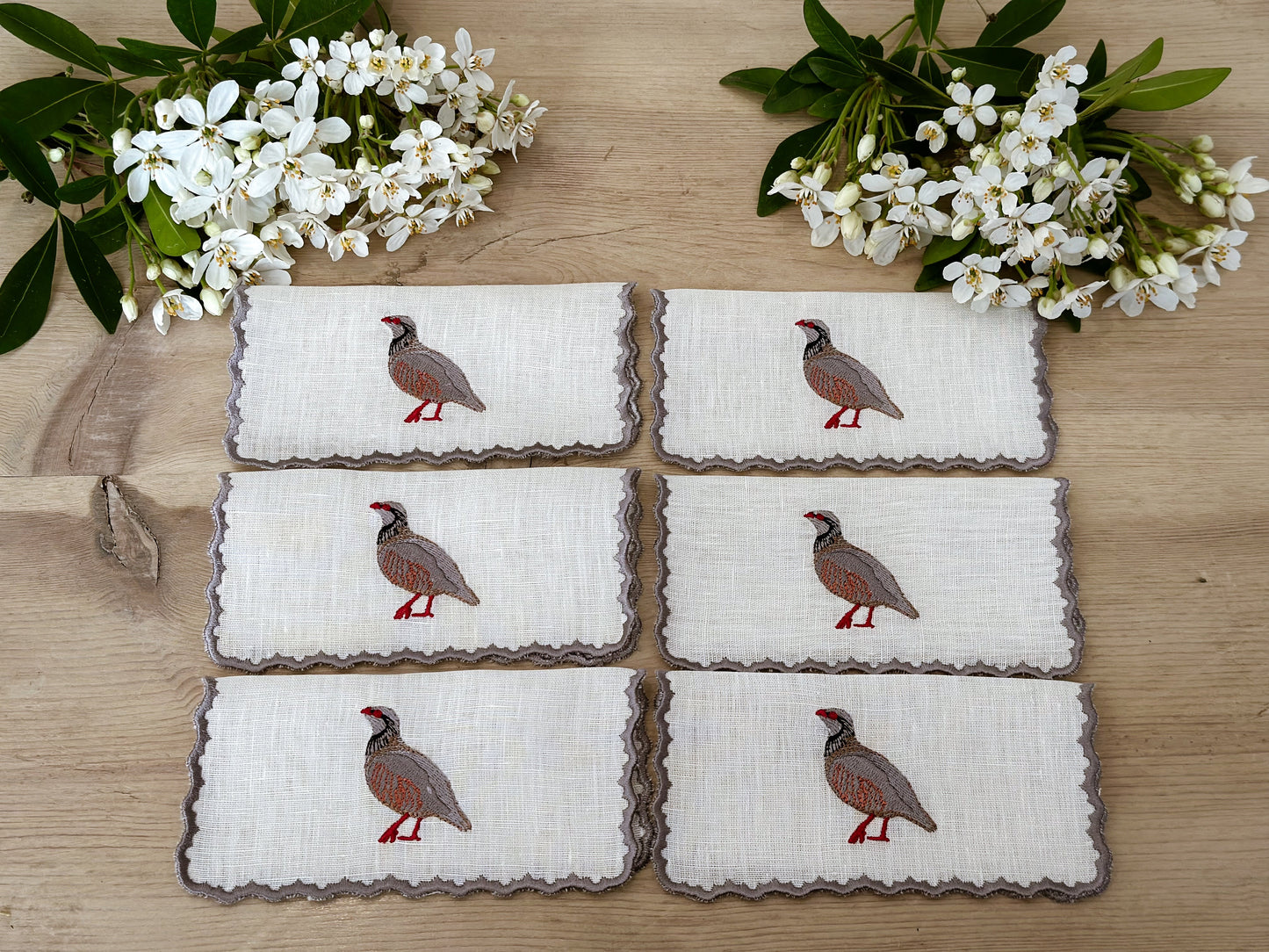 Petit Menage, Linen Partridge Cocktail Napkins, Set of Six