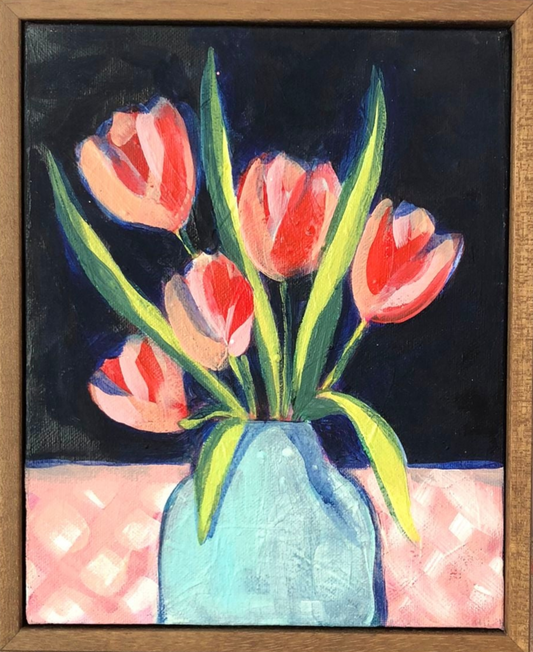 Sian Beck, 'Red tulips in vase on gingham' 2025