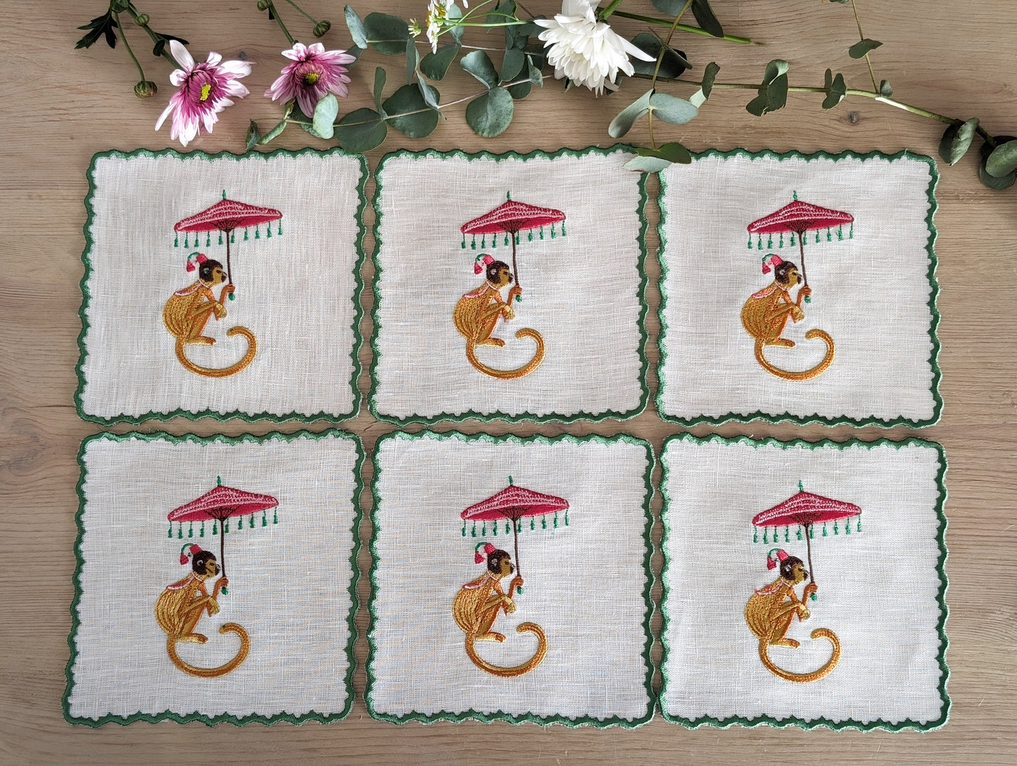 Petit Menage, Linen Monkey Cocktail Napkins, Set of Six