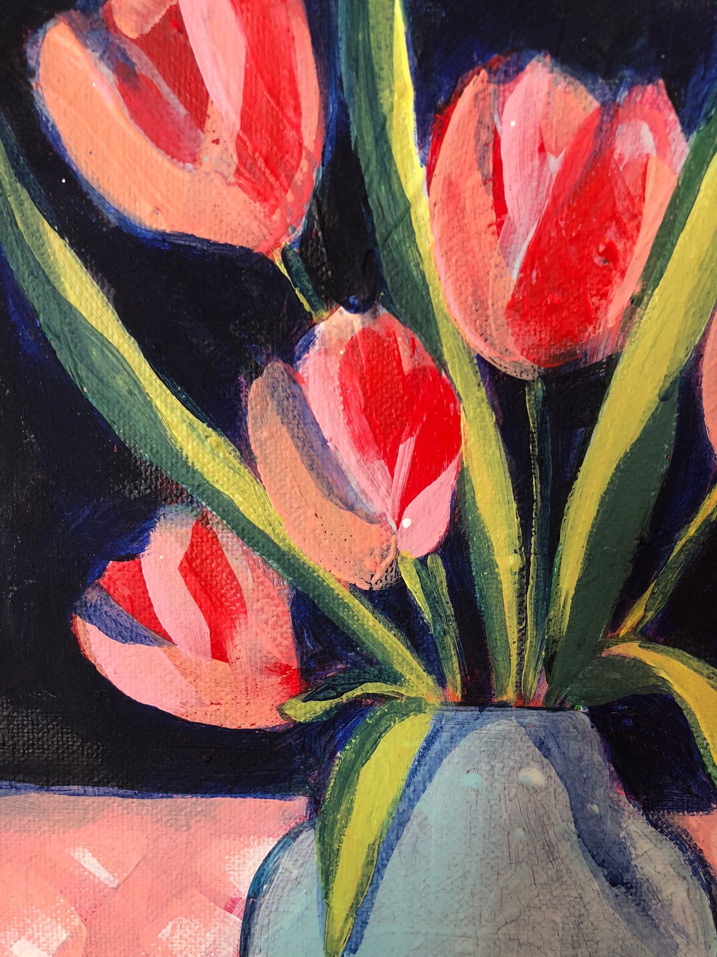 Sian Beck, 'Red tulips in vase on gingham' 2025
